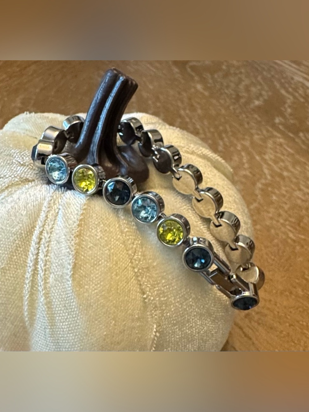Touchstone Crystal Silver-Tone Bracelet 💙💚 Blue & Lime Green Swarovski Crystals